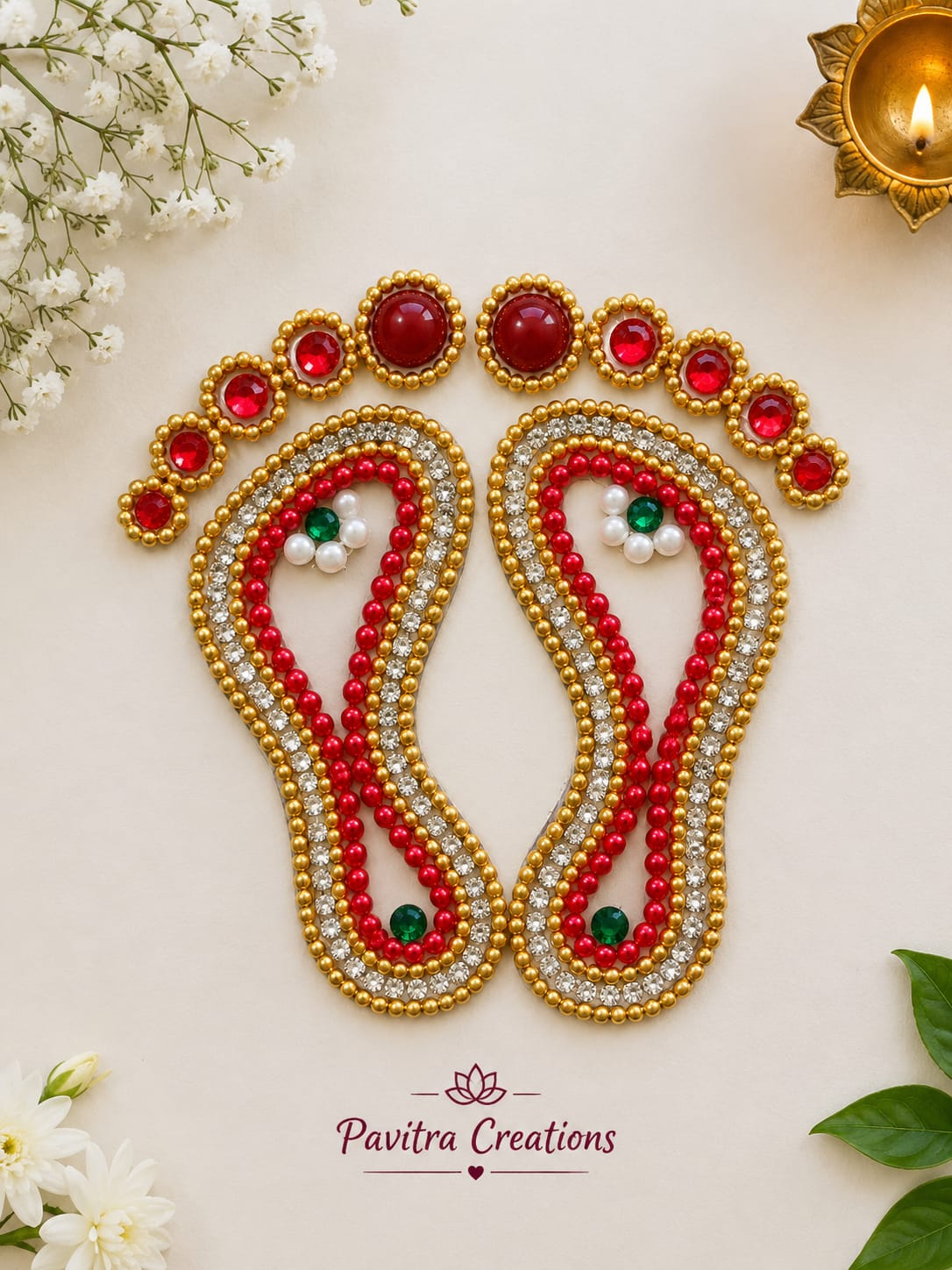 Beaded charan paduka Lakshmi feet in red and gold kundan work