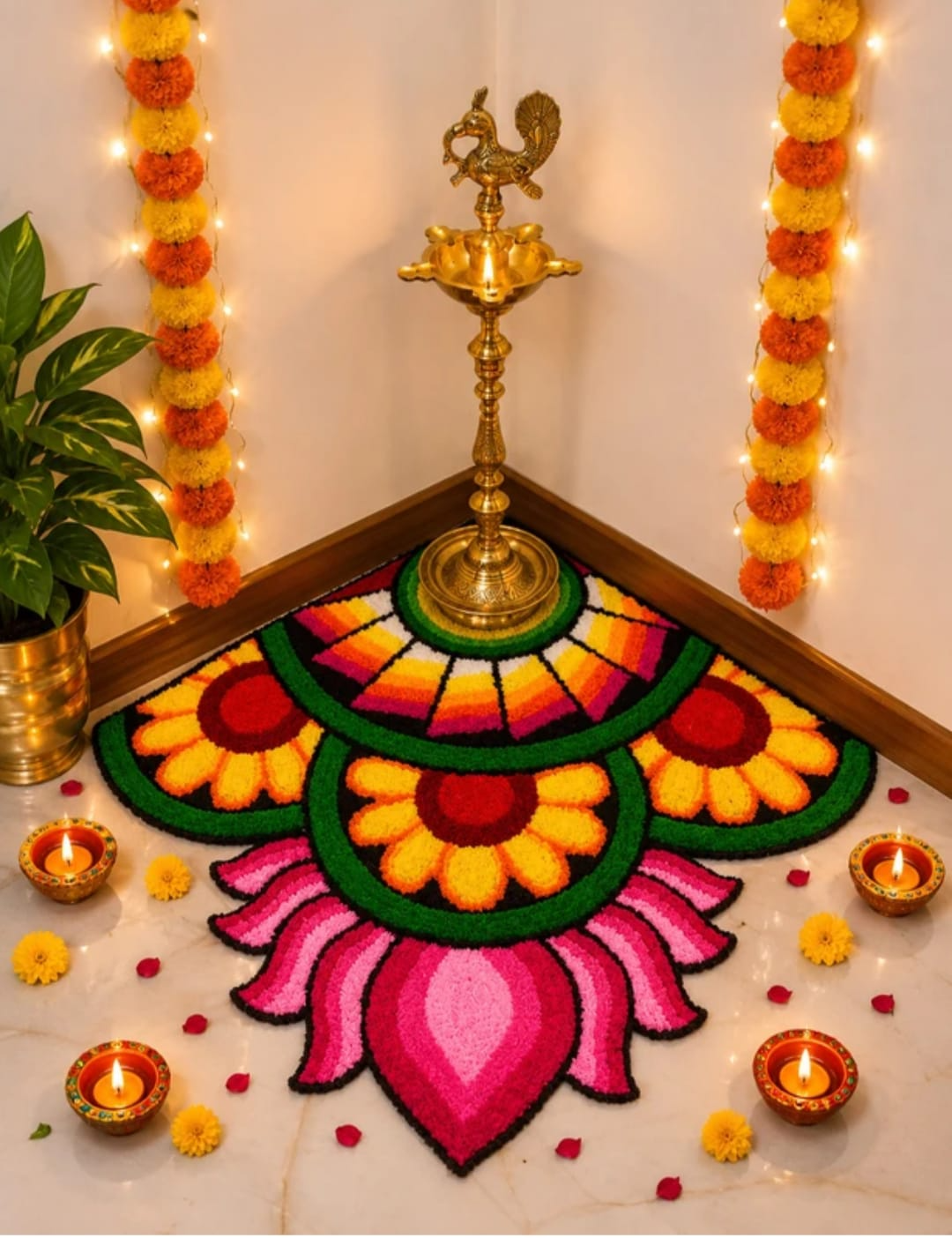 Grand corner flower rangoli in yellow, pink and green with a brass diya