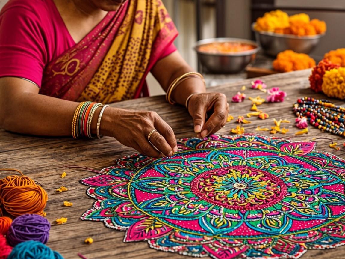 Hands crafting a flower rangoli at the Pavitra Creations workshop table